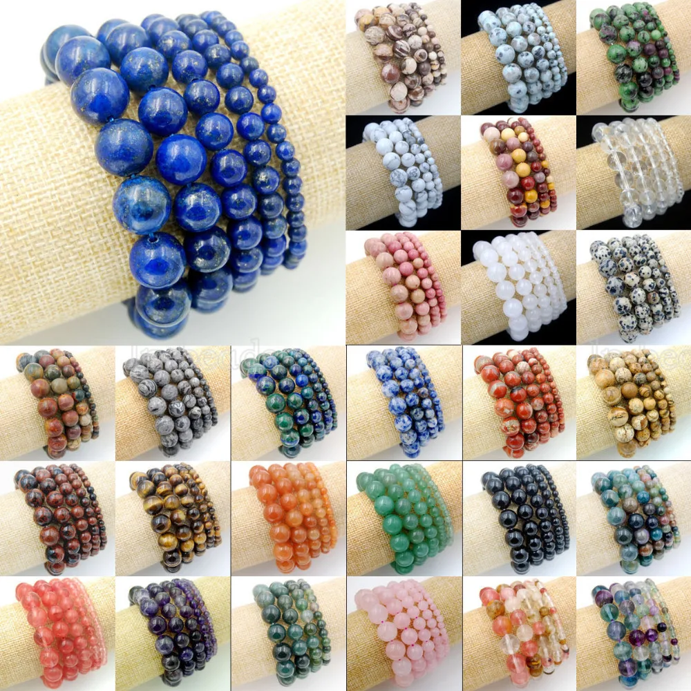 Natural Gem stone Round Loose Beads Stretchy Bracelet Elastic Cord 7.5" 4mm 6mm 8mm 10mm