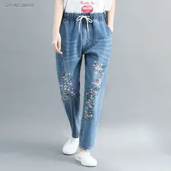 Плюс размеры джинсы для женщин женщина бойфренда 2019 Весна Elstic талии свободные ковбойские ботильоны длина вышивка деним дамские шаровары