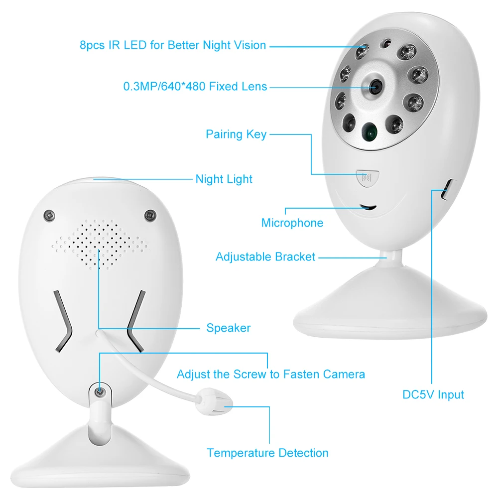Беспроводной видеоняня 2,4 дюймов цветная камера видеонаблюдения 2 способ разговора ИК, ночное видение контроль температуры с 8 колыбельными