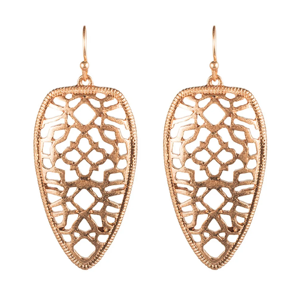 

YJX Fashion Women's Rose Gold Arrowhead Filigree Flower Cut Out Drop Earrings Wholesale Jewelry