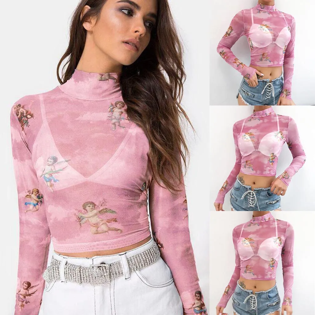

Women Starry Angel print Transparent Mesh Sheer Crop Top Turtleneck Long Sleeve Short Navel Top T-shirt Tee poleras mujer#sw
