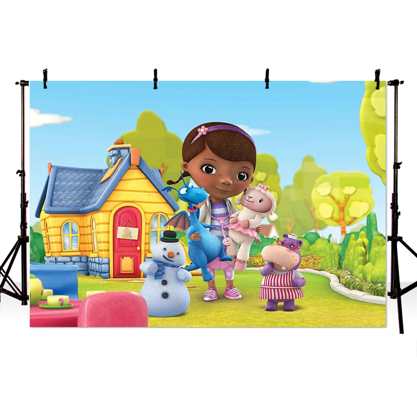 

Photography Backdrop Doc Mcstuffins Green Garden House Snowman Custom Photo Background Children Birthday Party Bakdrop Photocall