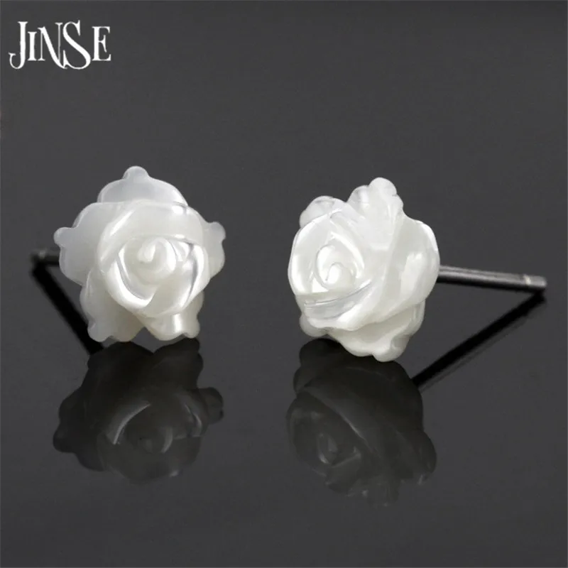 

JINSE Natural Shell White Rose Flower 925 Sterling Silver Stud Earrings For Women Girl Sterling-Silver-Jewelry Valentine's Day