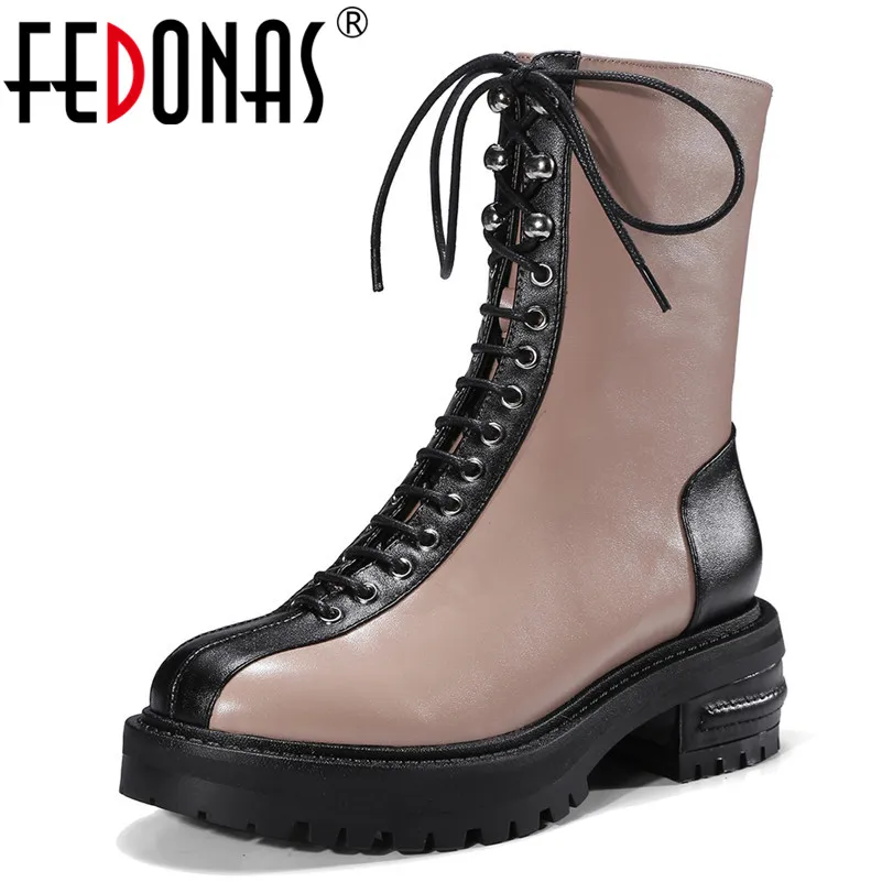 

FEDONAS Women Mid-calf Boots Genuine Leather Thick Heels Lace Up Motorcycle Boots Fashion Platforms Martin Casual Shoes Woman