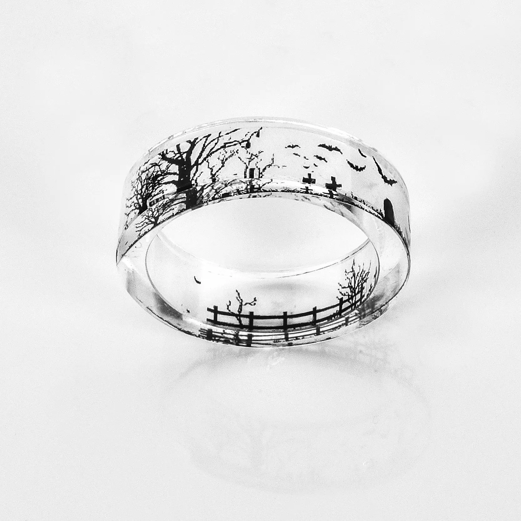 Fashion Handmade Transparent Bat and Trees Resin Rings Scenery Inside Black and White Women Finger Knuckle Ring