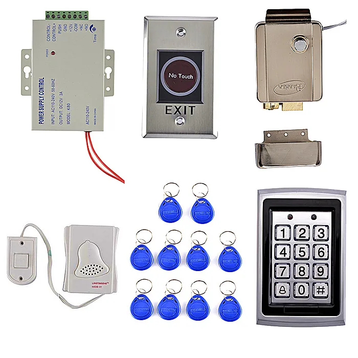 

DIY RFID Metal Case Keypad Door Access Control Security System Kit + Electric lock +IR No Touch Door Button 7612