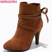 MORAZORA/ г. Новинка, женские ботильоны из флока на шнуровке, осенне-зимние ботинки с круглым носком женская обувь на высоком каблуке размер 34-43