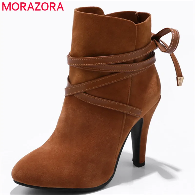 MORAZORA 2018 new arrival flock lace up ankle boots for women round toe autumn winter boots high heels female shoes size 34-43 цена MORAZORA 2018 new arrival flock lace up ankle boots for women round toe autumn winter boots high heels female shoes size 34-43 цены онлайн