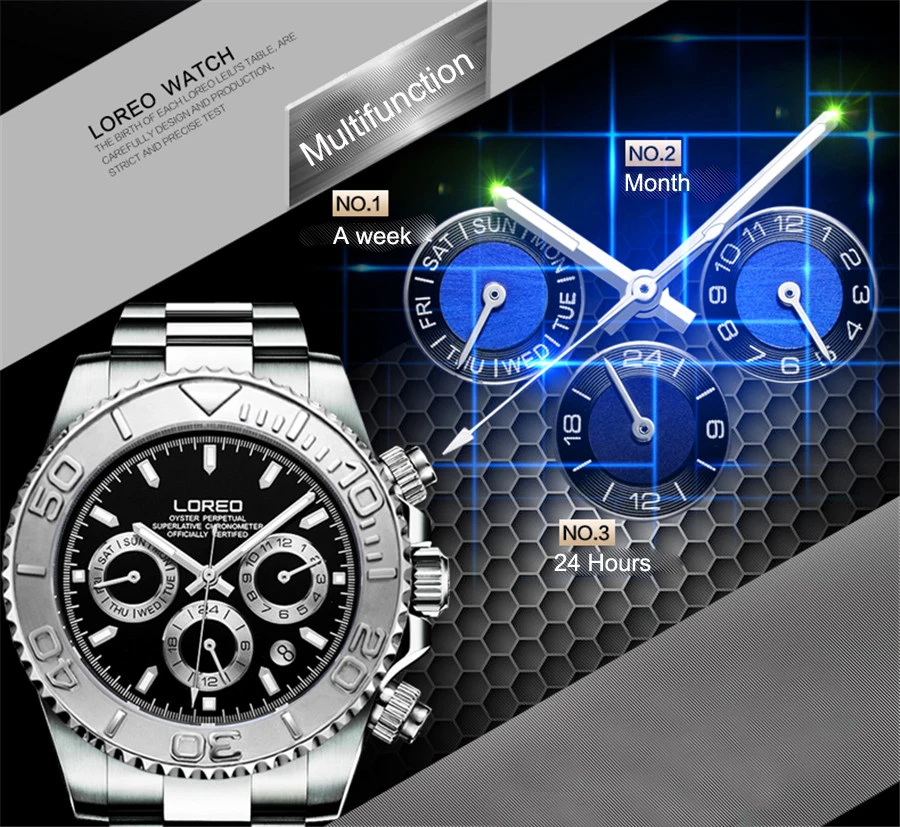 LOREO Sapphire Crystal 200m Waterproof Men's Sport Watch Multifunction Fashion Mens Watches Male Classic Design Steel Dial Clock