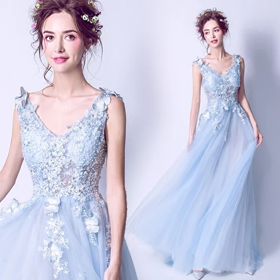 

Sky blue long deep v sweat lady girl women princess bridesmaid banquet party dress gown
