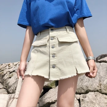 

2018 NEW Fake Skirts Shorts Vintage Button High Waist Ripped Fashion Sexy Jeans Skirts Shorts Women Plus Size Sexy Casual Trouse