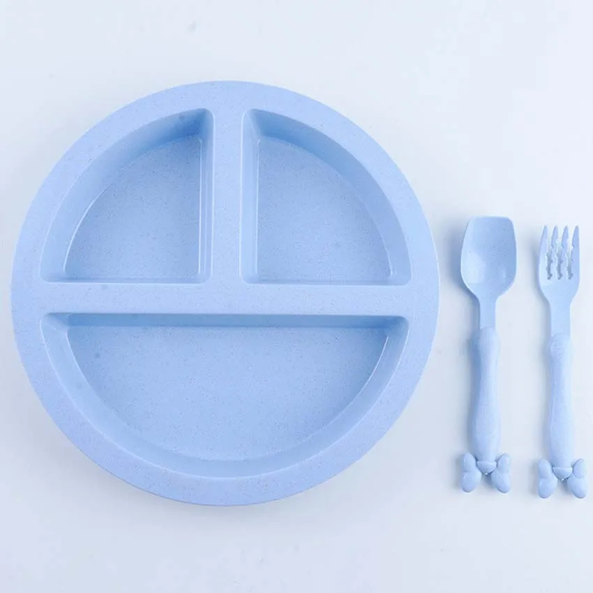 3 шт./компл. Набор тарелок для кормления малышей, чаша, Трубная решётка, вилки для детей, столовая посуда, бамбуковое волокно, контейнер для еды, детская посуда, BPA бесплатно - Цвет: Blue Smile Set