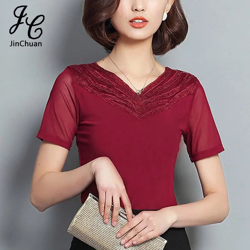 Blusas Femininas 2017 Лето Женщины Блузки Алмаз V-образным Вырезом С Коротким Рукавом