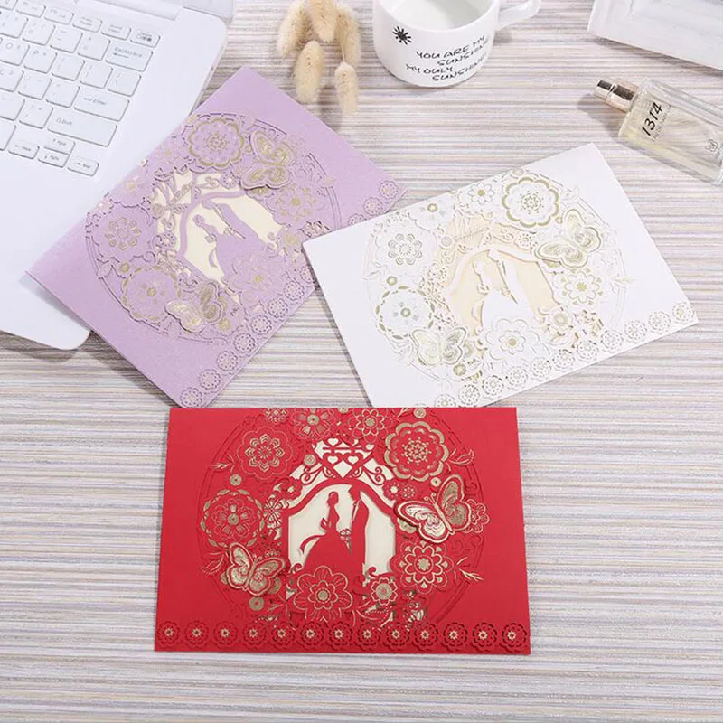 

100pcs White Purple Laser Cut Bride and Groom Wedding Invitation Card Marriage Greeting Card Envelopes Wedding Party Decoration