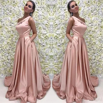 

Blushing Prom Dresses 2019 One Shoulder Satin Simple Formal A-Line Pocket Evening Party Gown vestidos de fiesta largos elegantes