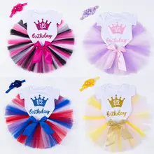 Боди с короткими рукавами для маленьких девочек от 0 до 18 месяцев, нарядная Кружевная юбка-эвфле для дня рождения милый комплект принцессы из тюля с одним буквенным принтом