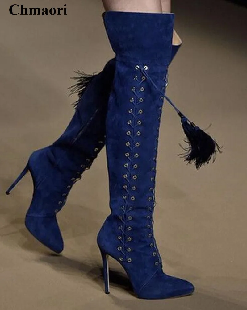 

Women Beautiful Pointed Toe Suede Leather Lace-up Tassels Over Knee Boots Charming Fringes Long High Heel Boots Dress Shoes