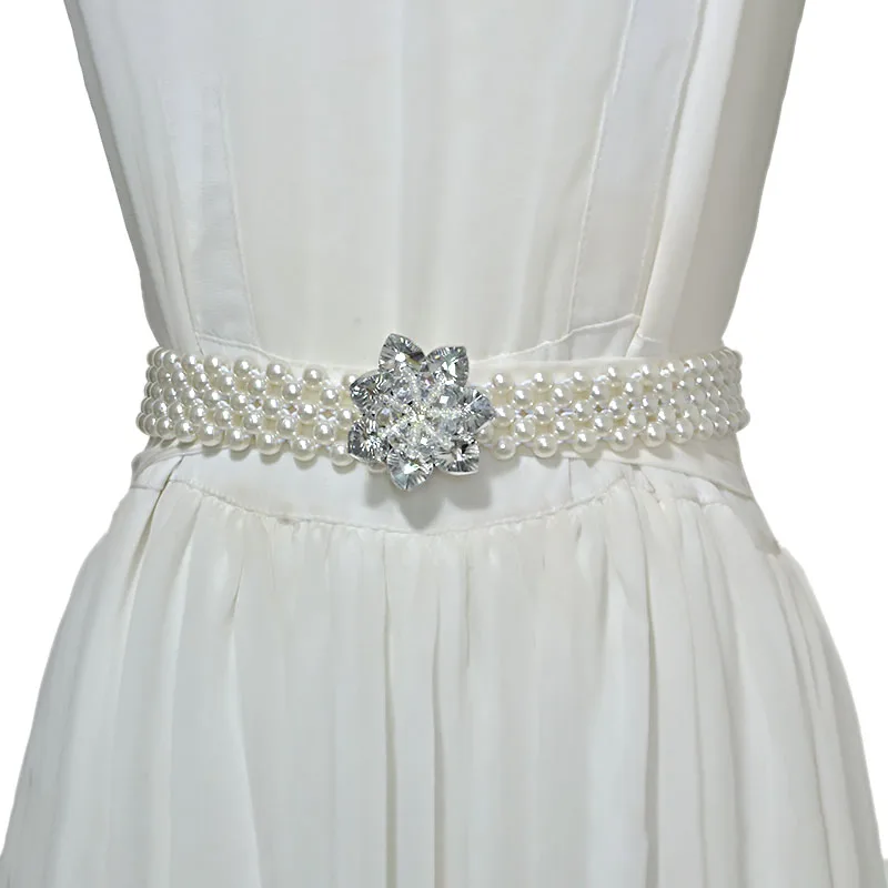 

Fashion 2018 ladies Sweet Elastic Pearl Decoration Stretch Wide Belts Decorative Rhinestone Inlay Waist Chain Belt Bg-911