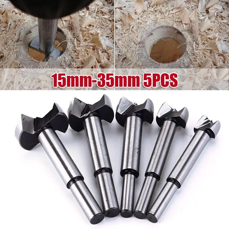 5 Pcs/set Auger Drill Forstner Bit Set Hinge Boring Woodworking Hole Saw Cutter Round Shank Wood Tools for Drilling Machine