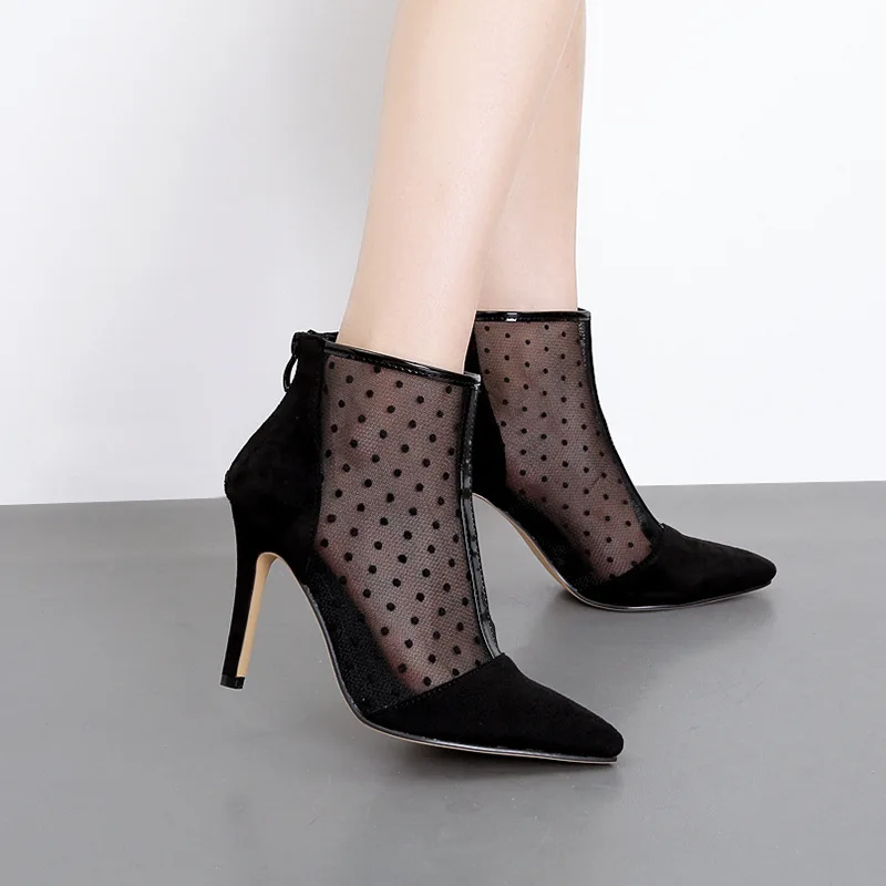 

Pointed Toe High Thin Heels Fall Ankle Boots Women Ankle Fashion Flock Boots Chelsea Solid Sewing Casual Zip Shoes Plus Size