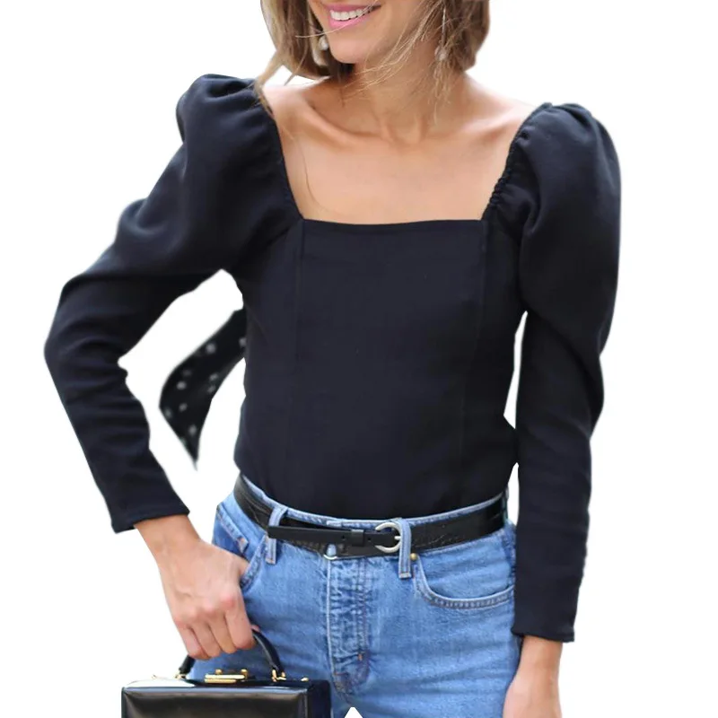 

Womens tops Casual Black Vintage Button Up Puff Sleeve Square Collar Long Sleeve Placket Shirt Women Spring Autumn Plain Blouse