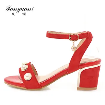 

Fanyuan Fashion Open Toe Ankle Strap Sandals Solid Crystal Buckle Strap High Heels Women Shoes Elegant pearl Summer Shoes