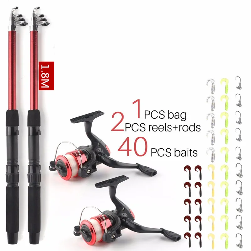 2019 Hot 1.8M Telescopic Fishing Rod Combo Kit 2PCS Spinning Collapsible Poles 2PCS Spinning Reels with Baits Lures Fishing Kit