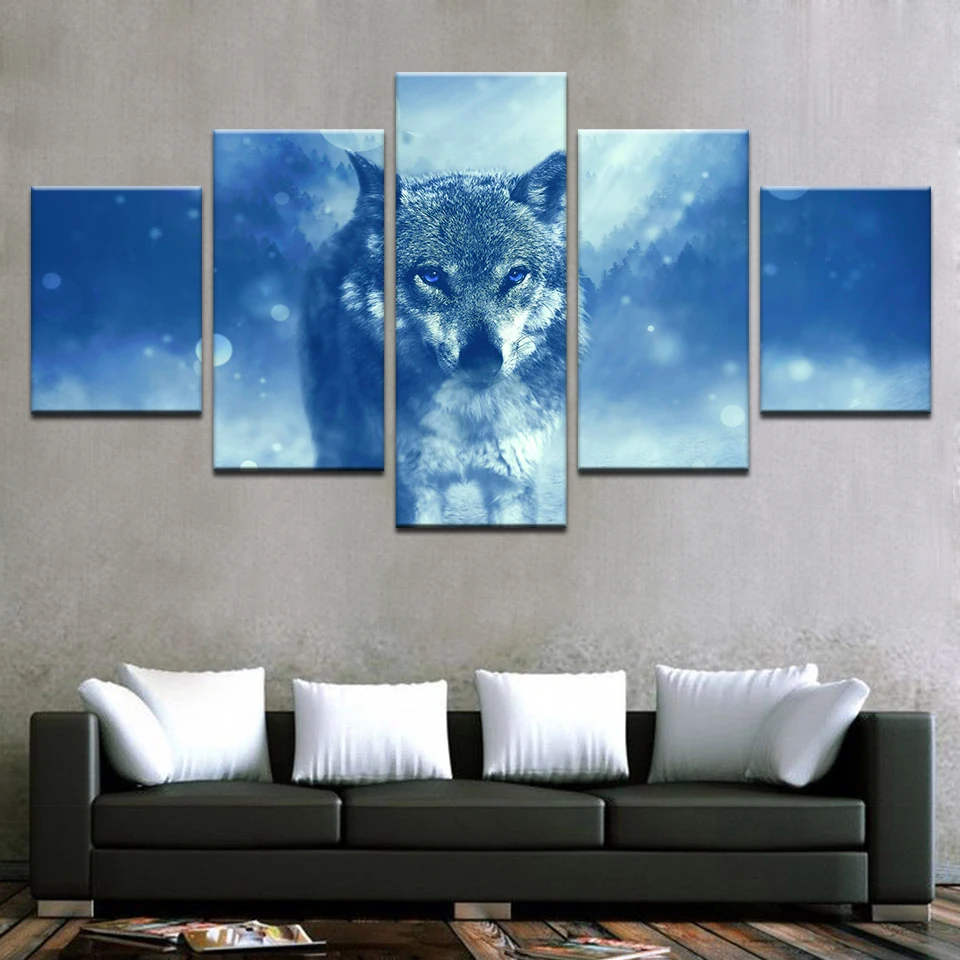 

Modern Pictures For Living Room HD Printed Posters Home Decorative 5 Pieces Wall Art Framework Animal Snow Wolf Canvas Paintings