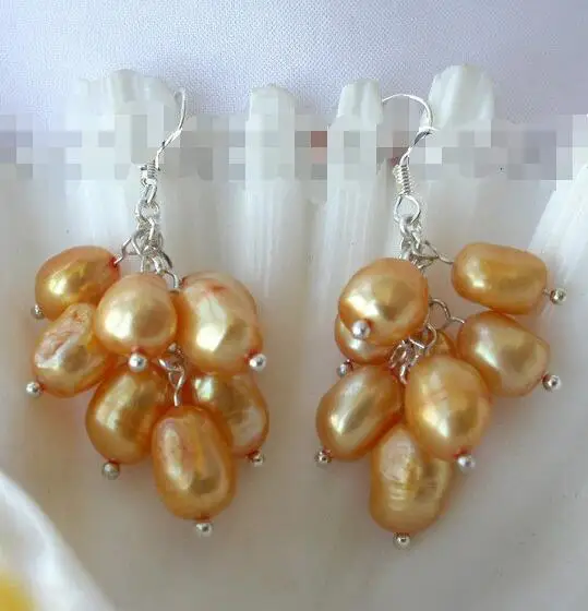 

Free Shipping >> stunning 10mm baroque gold freshwater pearl dangle grape earrings silver m421