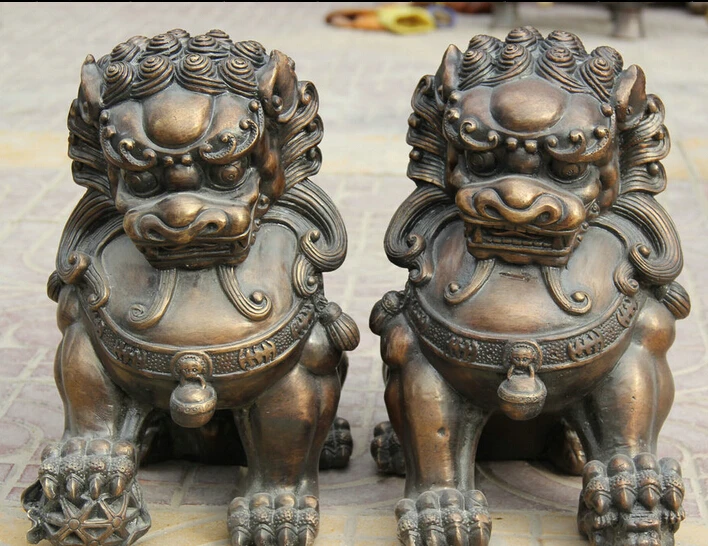 

bi002853 14" Chinese Fengshui Bronze Door Fu Foo Dog Guardion Lion Son Ball Statue Pair