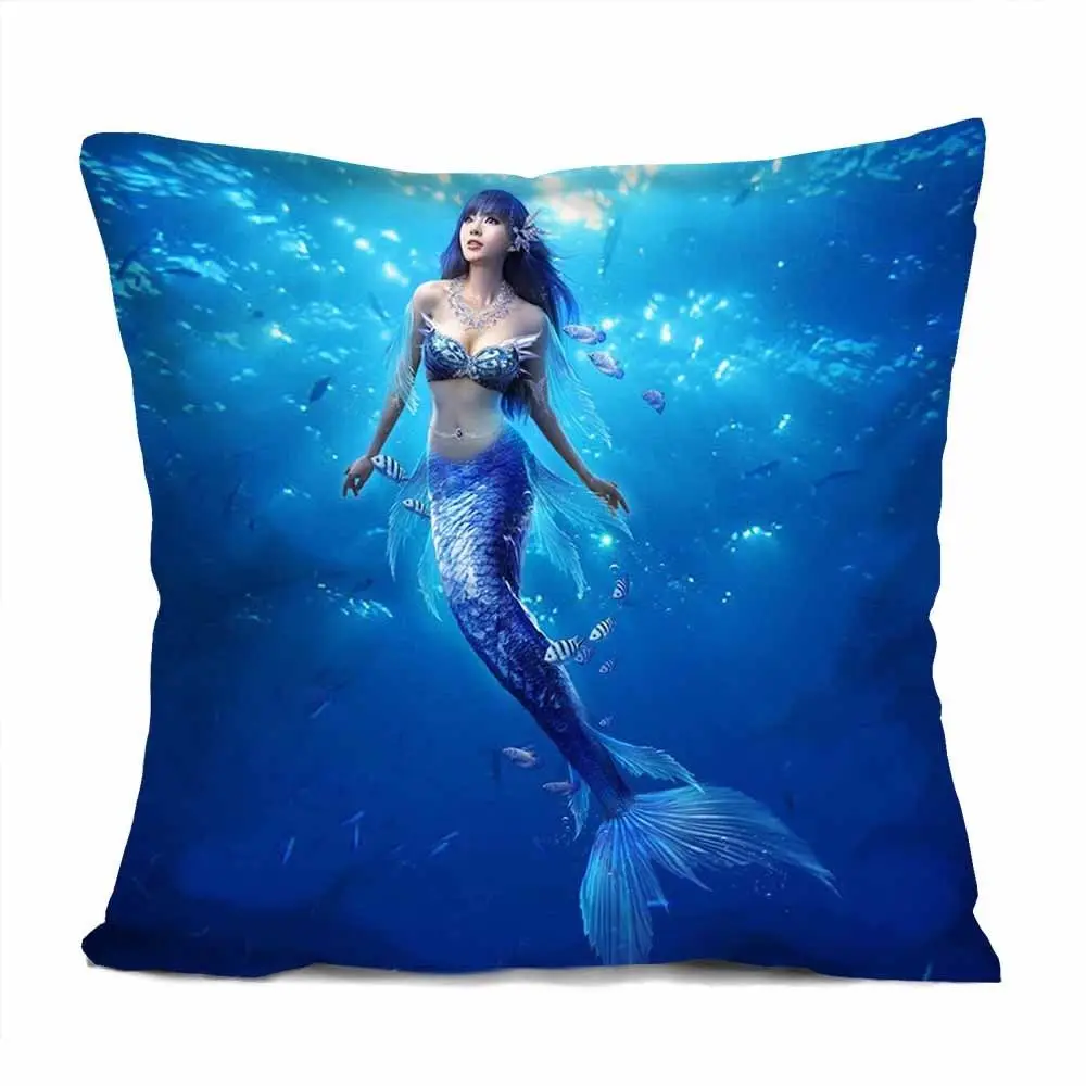 Hot Blue Beautiful Mermaid Cushion Cover Mermaid Decorative Throw
