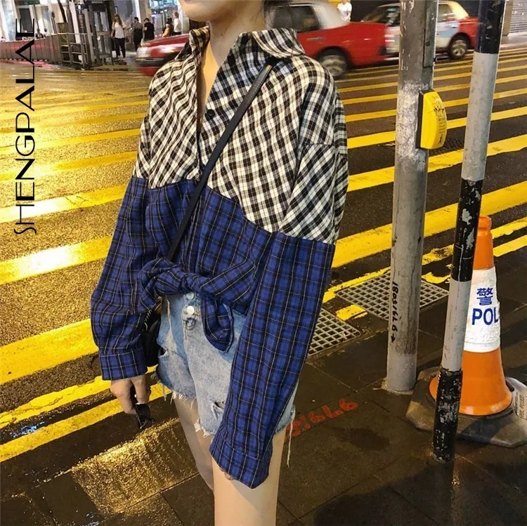 

SHENGPALAE 2019 New Spring Women Blouses Long Sleeve Shirts Fashion Plaid Shirt Casual Loose Female Blouse Tops HD124