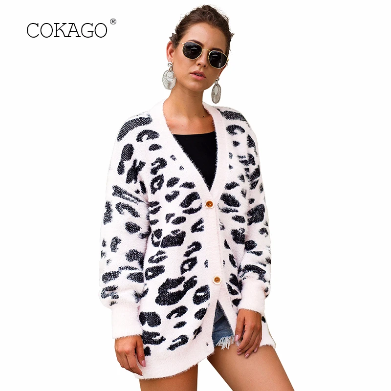 

COKAGO Leopard Print Cardigan Women Long Sleeve Button Casual Sweater Woman Autumn Winter 2019 Elastic Women's Knitted Jacket