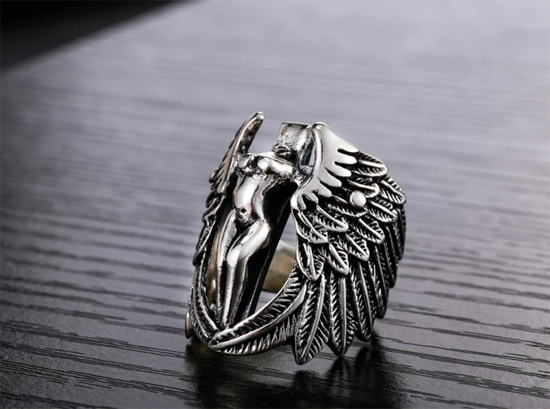 925 Sterling Silver Angel Wings Ring for Men Women Elegant Angle Modeling Thai Vintage Retro Charm Jewelry for Christian Holy