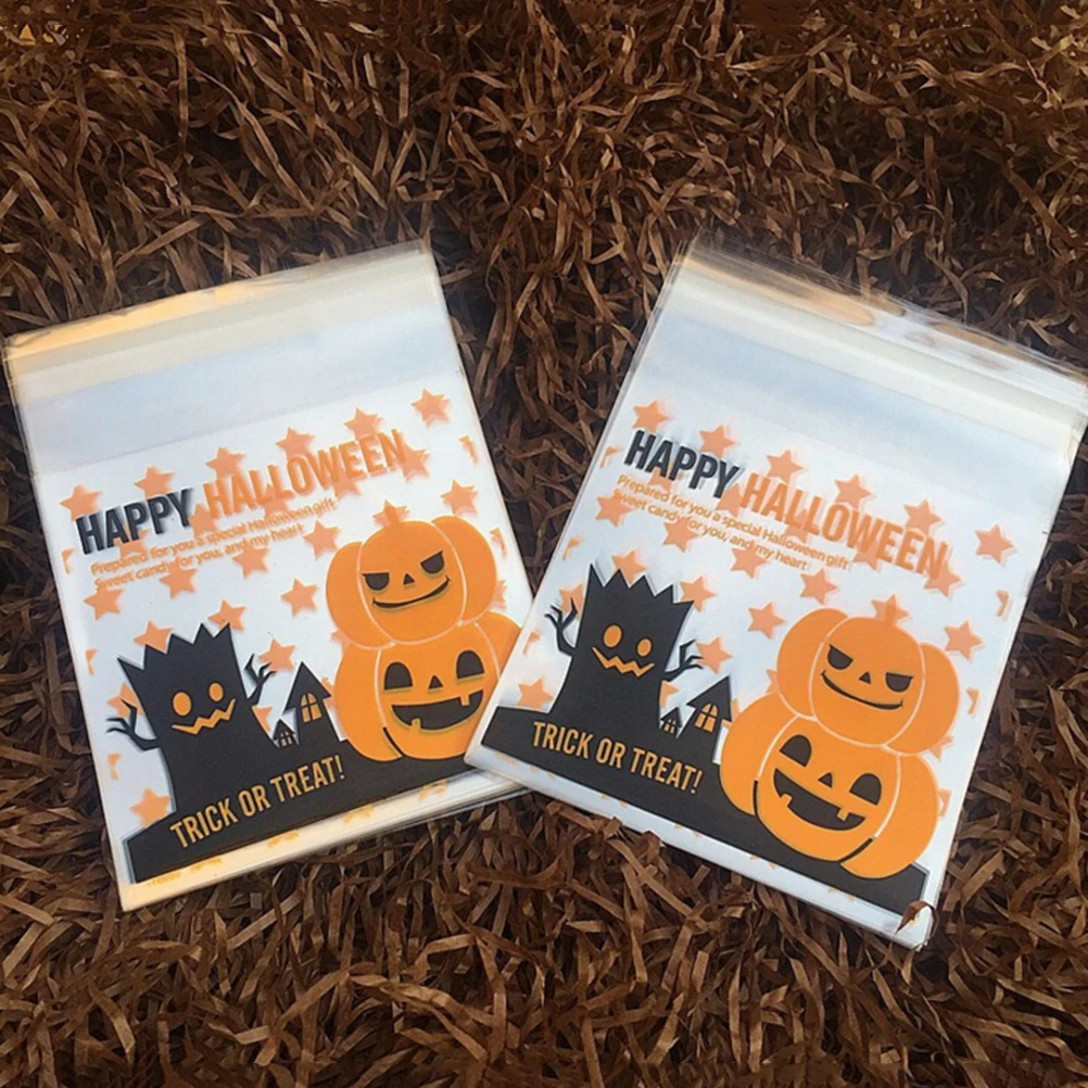 

100 Pcs 2 size Halloween Yellow pumpkin Gifts Bags Plastic Clear DIY Candy Cookies Birthday Party Craft Bags Packaging Bags