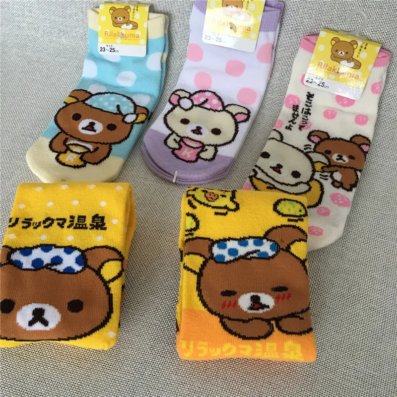 Rilakkuma/носки для костюмированной вечеринки в горошек с рисунком медведя; модные милые забавные Жаккардовые Женские носки; Летние Удобные желтые хлопковые короткие носки