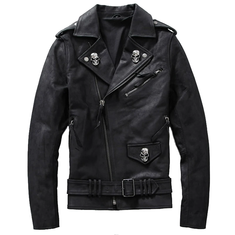 

2019 Black Men Skull Button Slim Fit Biker's Leather Jacket Plus Size XXXL Genuine Cowhide Short Motorcycle Coat FREE SHIPPING