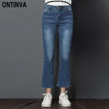 Асимметричные джинсовые синие расклешенные джинсы женские повседневные Лоскутные потертые брюки летние модные брюки длиной до лодыжки новое поступление