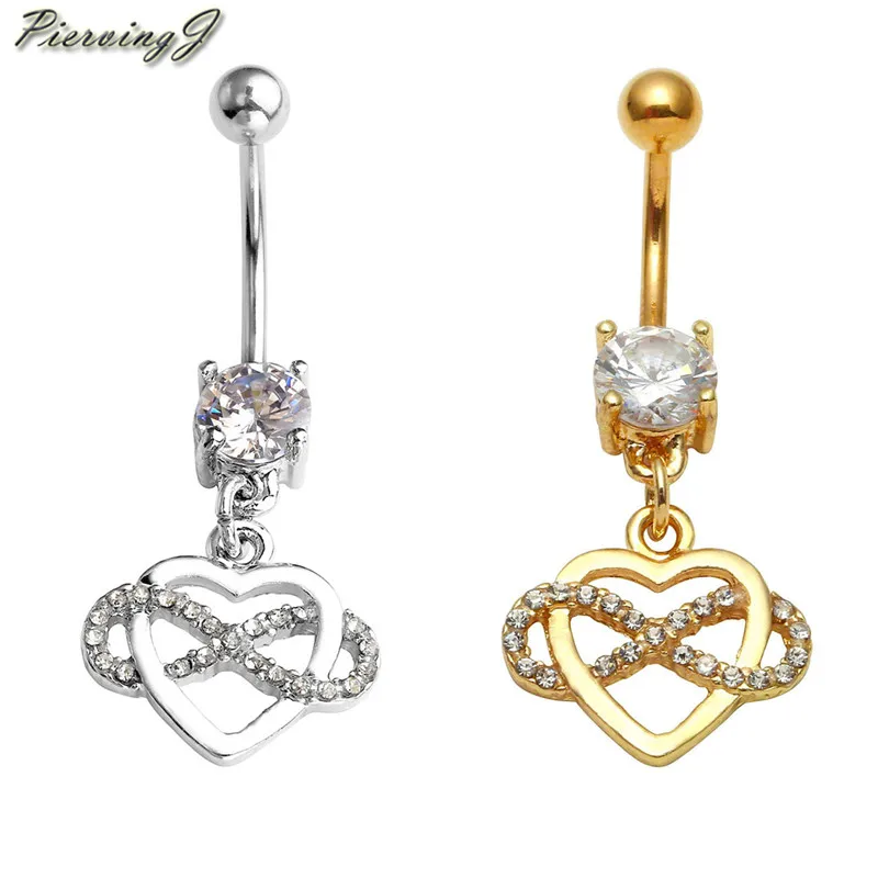 

PiercingJ 2pcs Belly Piercing 14G Steel Infinity Silver and Gold Crystal Heart Barbell Button Belly Navel Ring Piercing jewelry