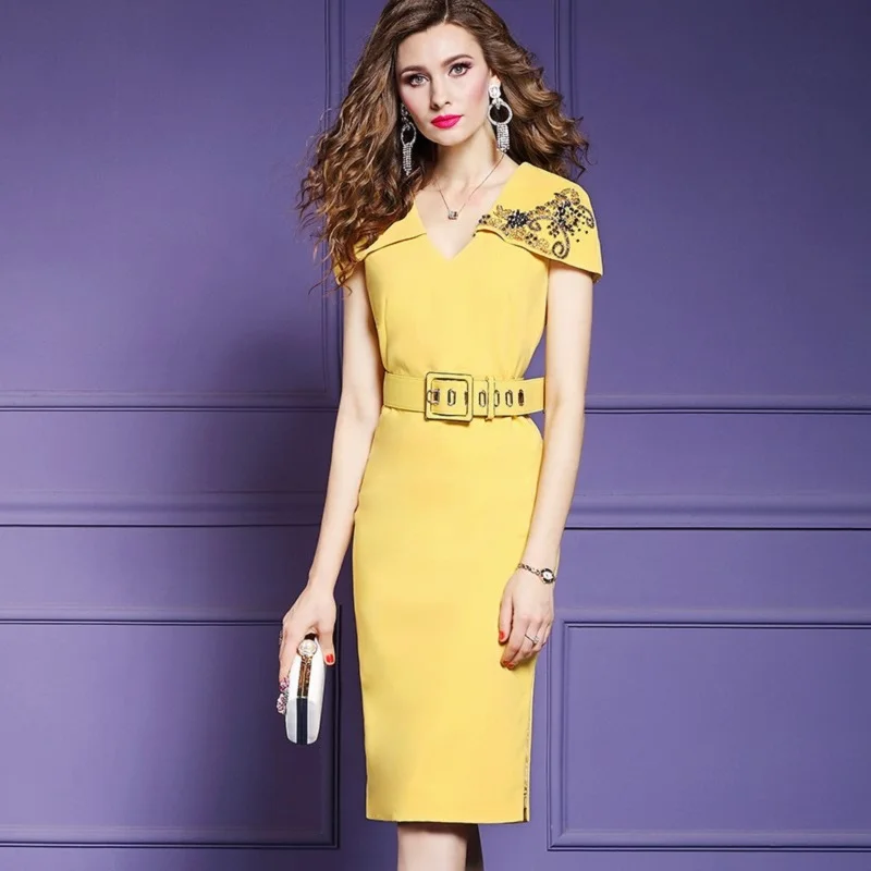 

2019 new Luxury Designer Celebrities party dress autumn Women Beaded Dress 3xl Short sleeve Vintage summer ladies Sashes dresses