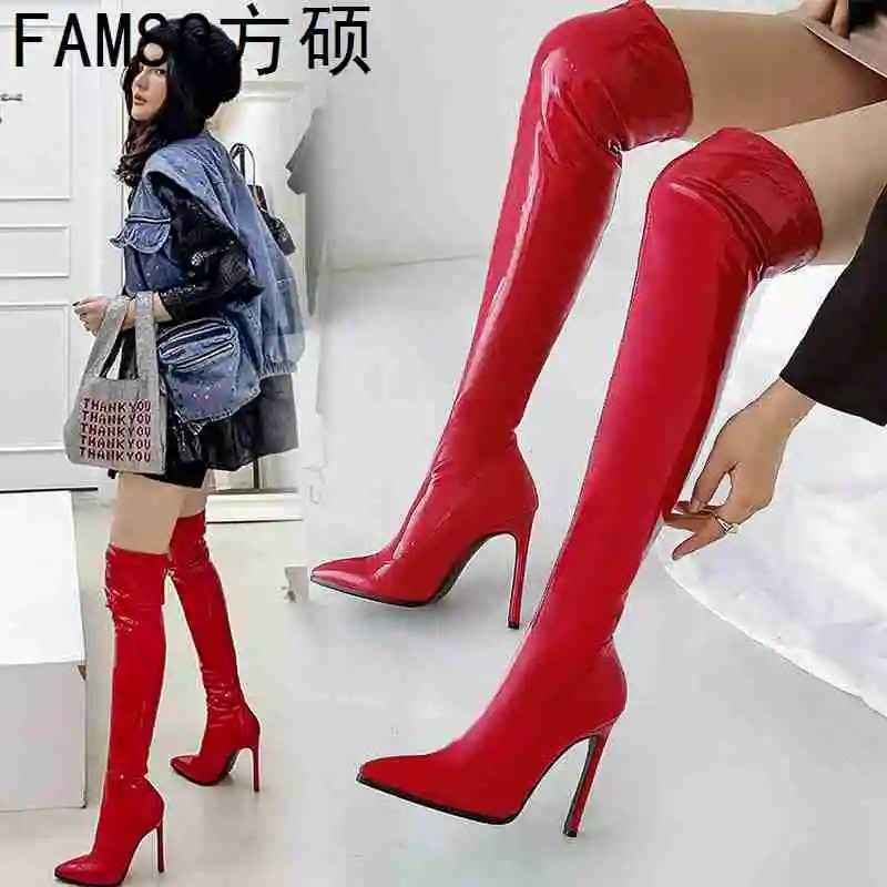 

FAMSO 2019 Women Boots Patent Leather red Size 34-43 Black Leather Over The Knee Boots Winter top Fashion Pointed Toe Boots