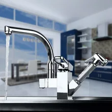 Вытащить Раковина красочные кран двойной Изливы Поворотный смесители нажмите на бортике кухонный кран двойной опрыскиватель смесители