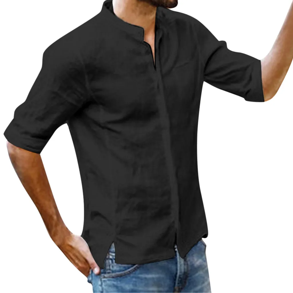 

Men's simple solid color buttons before and after the irregular fashion cotton and linen sleeves Blouse dropship May24