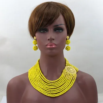 

Yellow Wedding Necklace Set African Braid Nigerian Crystal Beaded Jewelry Set 10 Layers Lady Jewelry Set Free Shipping ALJ609