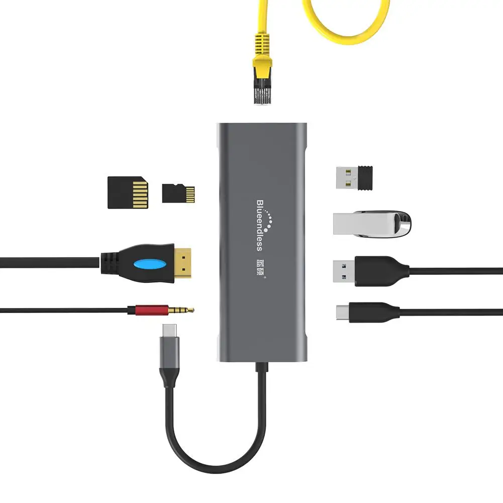 Portable 9-in-1 Multi-function Docking 4K HDMI USB HUB 9-in-1 HDMI+USB3.0+PD+3.5MM Audio+Gigabit LA