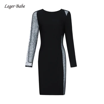 

Club Party Dresses Mesh Sexy See Through Long Sleeve O Neck Black Bandage Dress Women Bodycon Knitted Vestidos