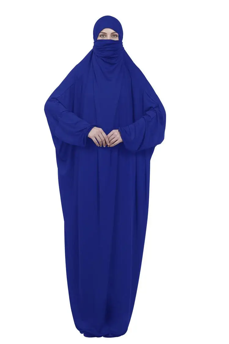Muslim Women Maxi Prayer Abaya Full Cover Dress Robe Kaftan Arab Hooded Islamic Burqa Khimar Veil Niqab Loose Jilbab Middle East - Цвет: Синий