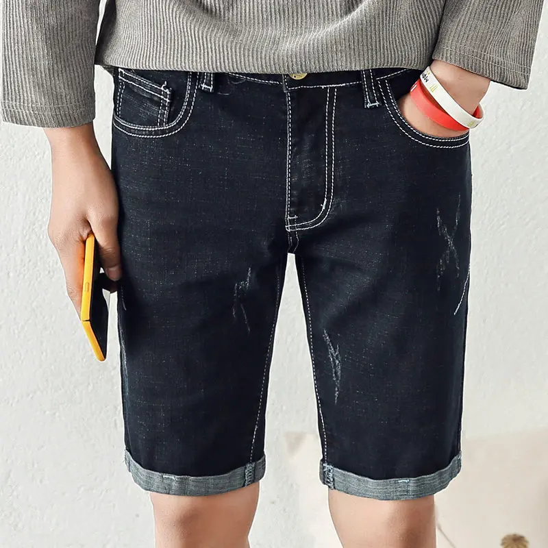 Summer Denim Shorts Men Stretch Slim Fit Short Jeans Mens Designer Cotton Casual Distressed Shorts Knee Length Pants Blue Black