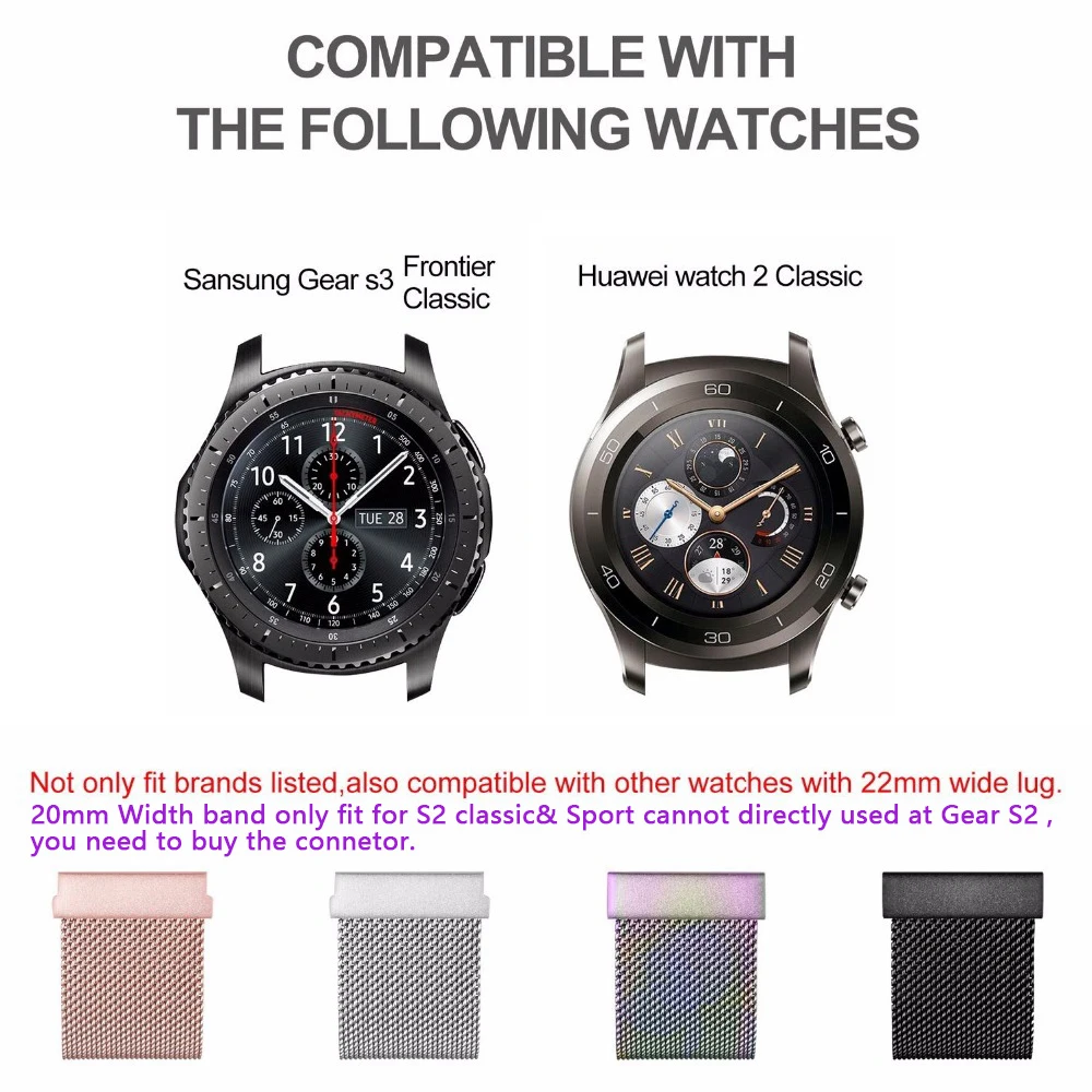 22 мм/20 мм ремешок из нержавеющей стали для samsung galaxy active watch 46 мм S3/S2 Frontier/Classic huami amazfit huawei watch gt ремень