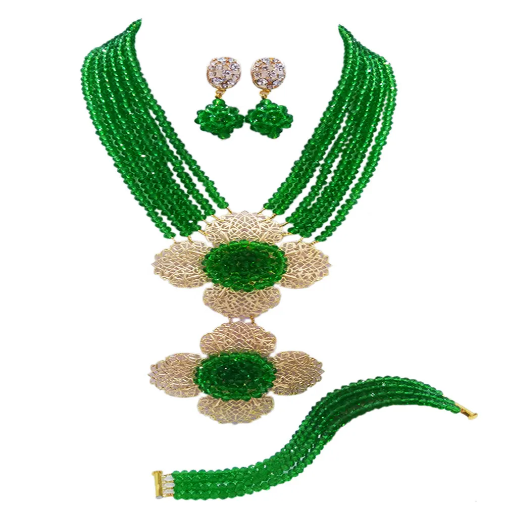 Белые хрустальные бусины нигерийские Свадебные африканские Ювелирные наборы эффектное ожерелье набор 6C-2DH011 - Окраска металла: Green